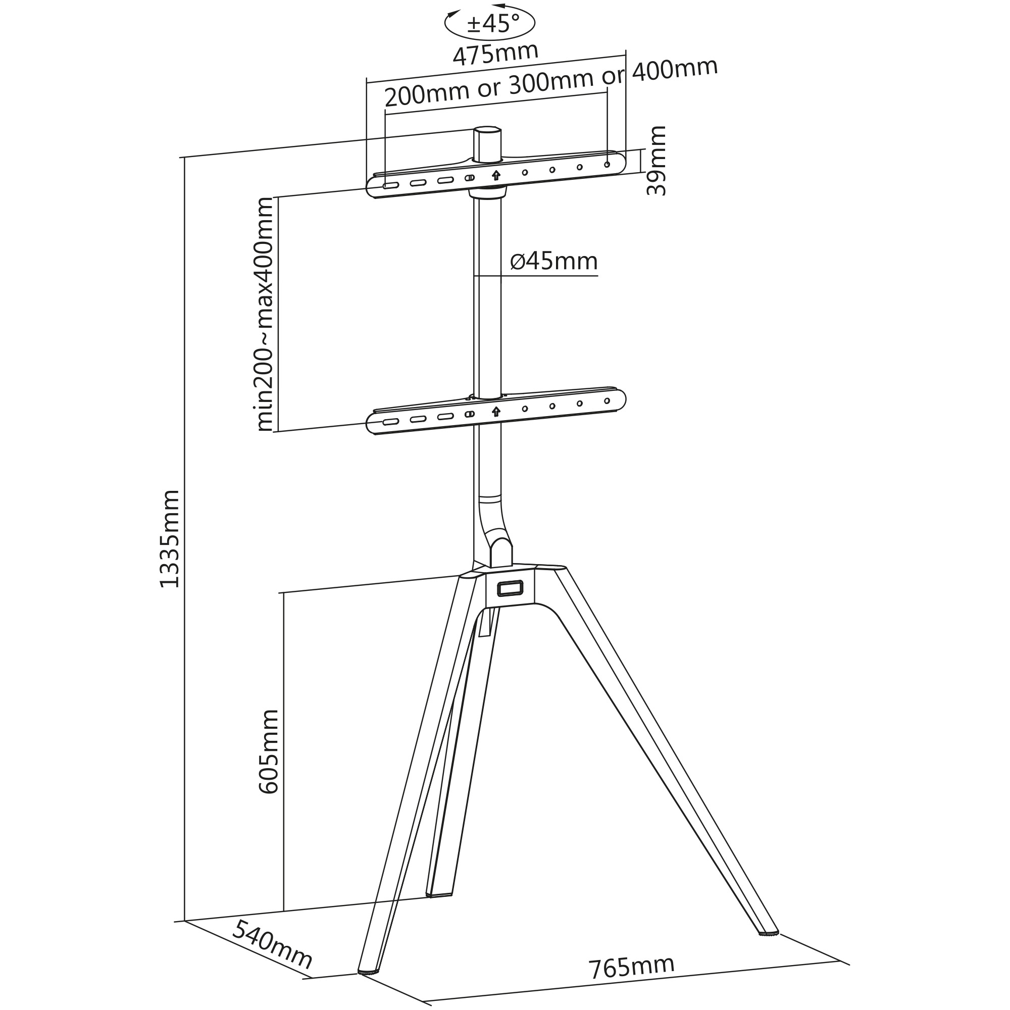 InLine woodstand TV-Standfuß - Dreibein - für LED-TV 45"-65" max. 40kg - Schwarz - Metall - Schwarz - Metall - Walnuss - Holz