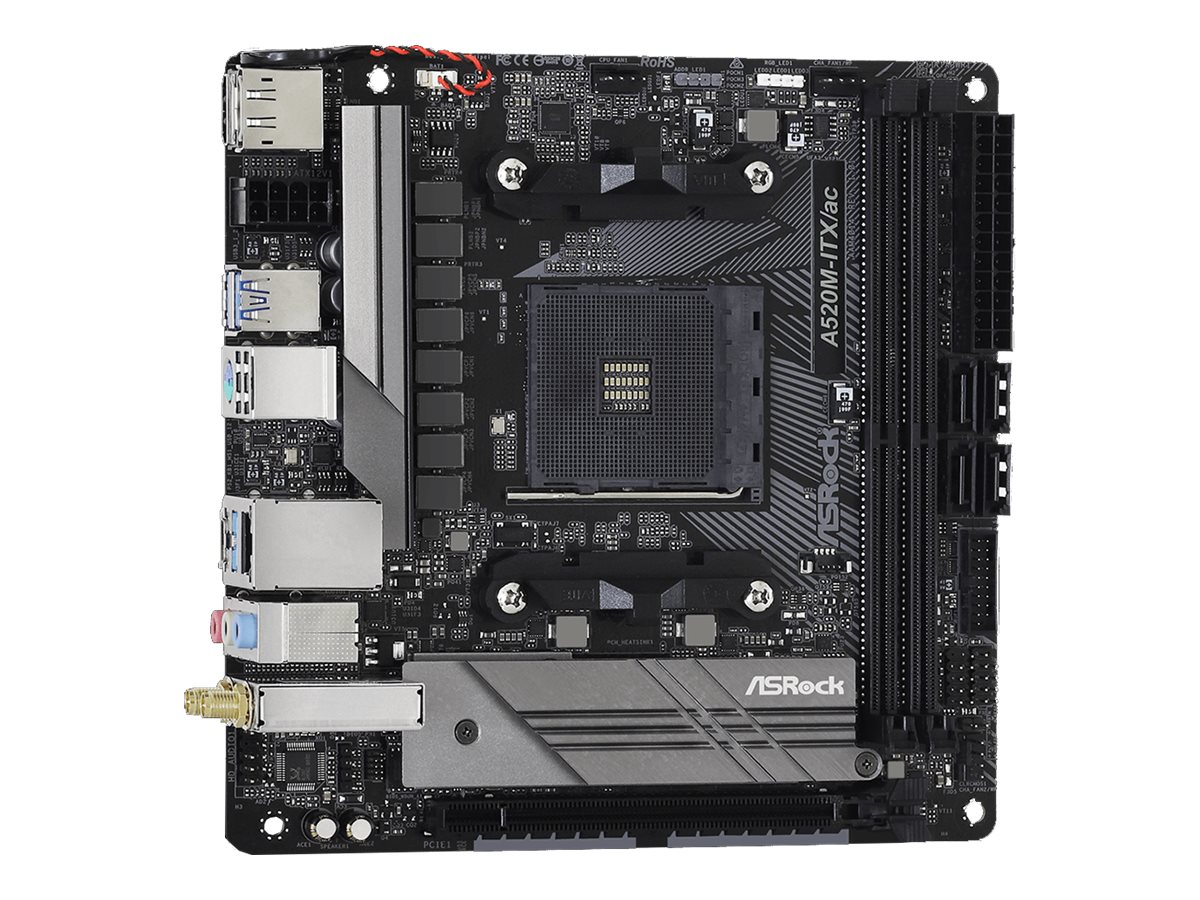 ASRock A520M-ITX/ac - Motherboard - Mini-ITX - Socket AM4 - AMD A520 Chipsatz - USB-C Gen1, USB 3.2 Gen 1 - Gigabit LAN, Wi-Fi, Bluetooth - Onboard-Grafik (CPU erforderlich)