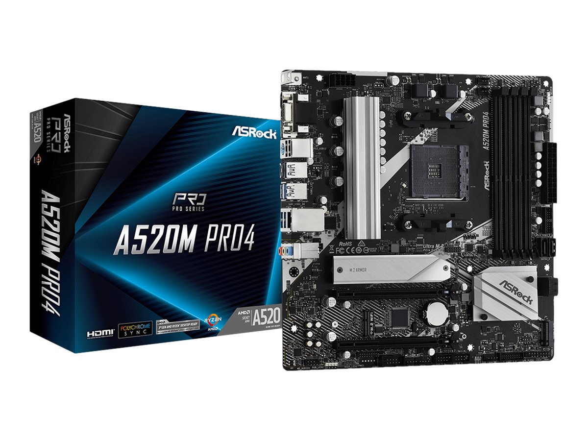 ASRock A520M Pro4 - Motherboard - micro ATX - Socket AM4 - AMD A520 Chipsatz - USB-C Gen1, USB 3.2 Gen 1 - Gigabit LAN - Onboard-Grafik (CPU erforderlich)