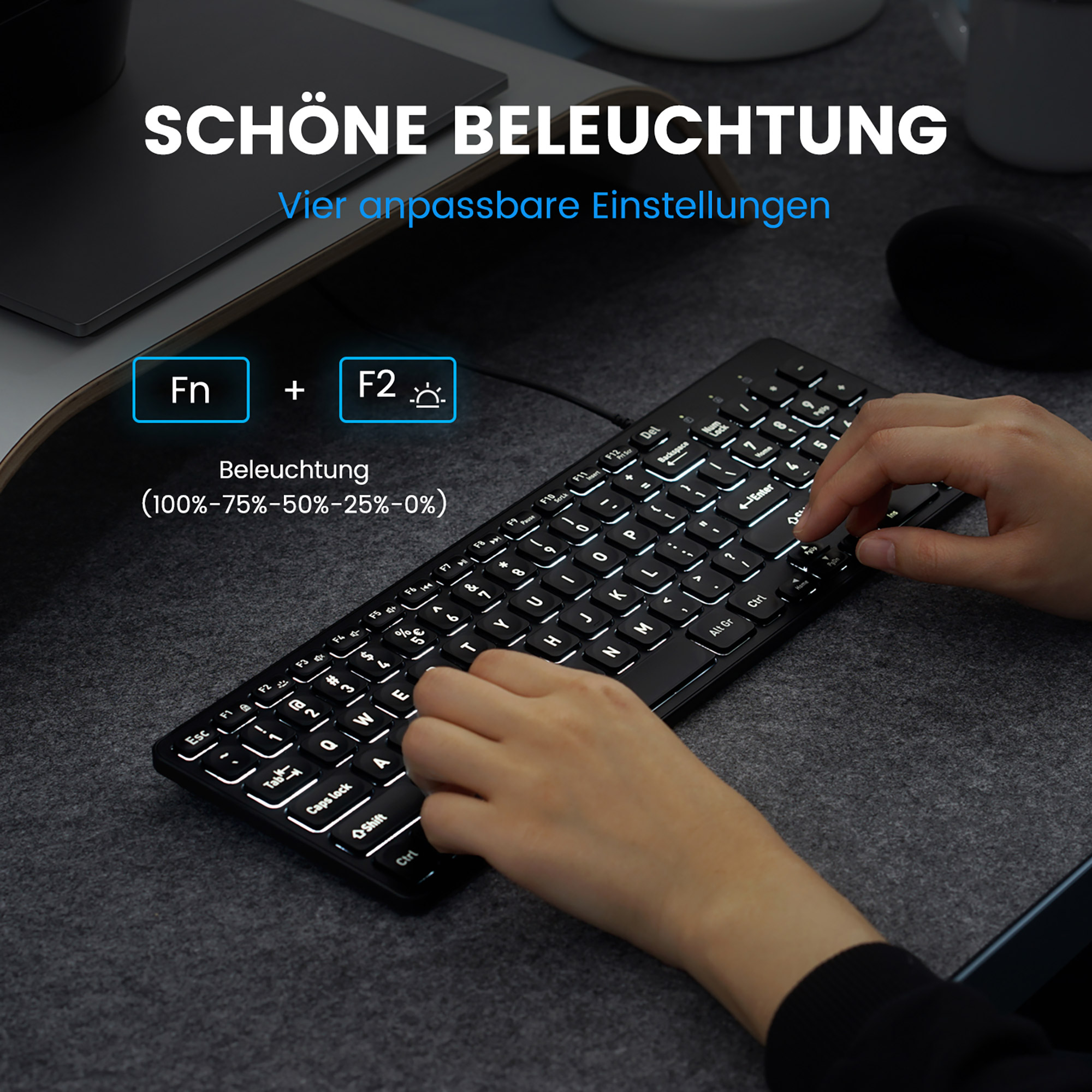 Perixx PERIBOARD-333B - USB - Scherenschlüsselschalter - QWERTZ - LED - Schwarz