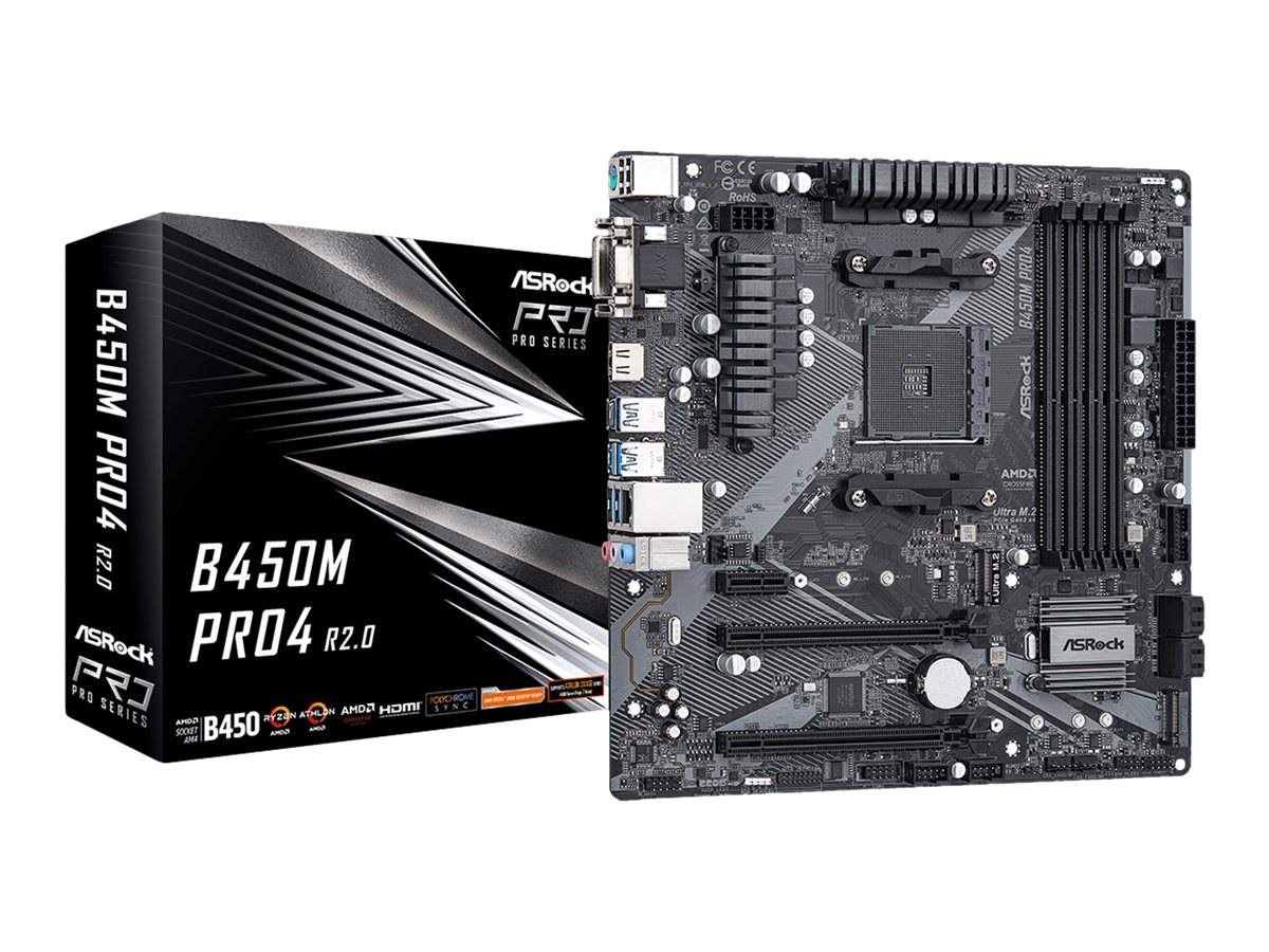 ASRock B450M Pro4 R2.0 - Motherboard - micro ATX - Socket AM4 - AMD B450 Chipsatz - USB-C Gen2, USB 3.2 Gen 1, USB 3.2 Gen 2 - Gigabit LAN - Onboard-Grafik (CPU erforderlich)