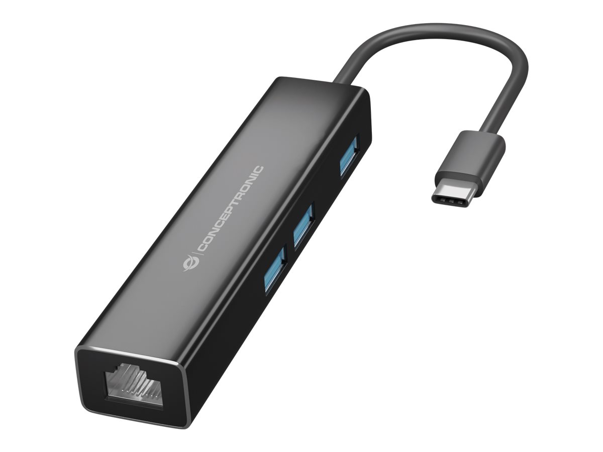 Conceptronic DONN07B - Hub - 3 x SuperSpeed USB 3.0 + 1 x 10/100/1000