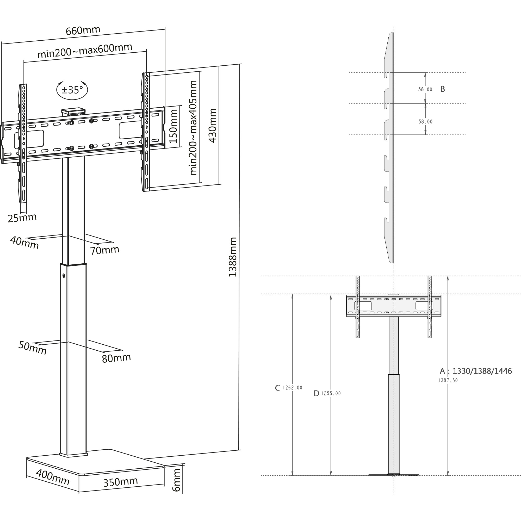 InLine Aufstellung - Super Slim - für LED-Display - height adjustable, max. 40kg - Kunststoff, Stahl - fine texture black - Bildschirmgröße: 94-178 cm (37"-70")