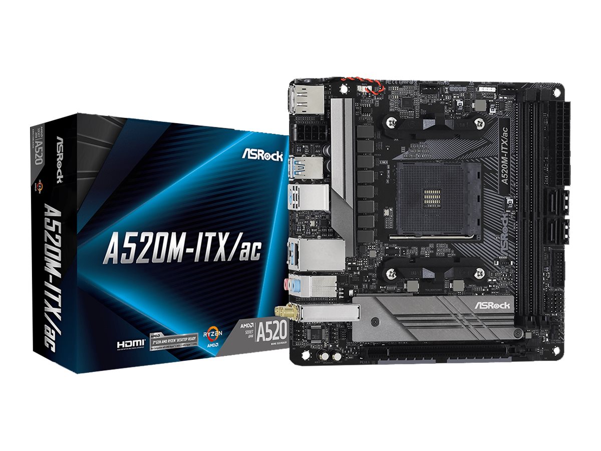 ASRock A520M-ITX/ac - Motherboard - Mini-ITX - Socket AM4 - AMD A520 Chipsatz - USB-C Gen1, USB 3.2 Gen 1 - Gigabit LAN, Wi-Fi, Bluetooth - Onboard-Grafik (CPU erforderlich)